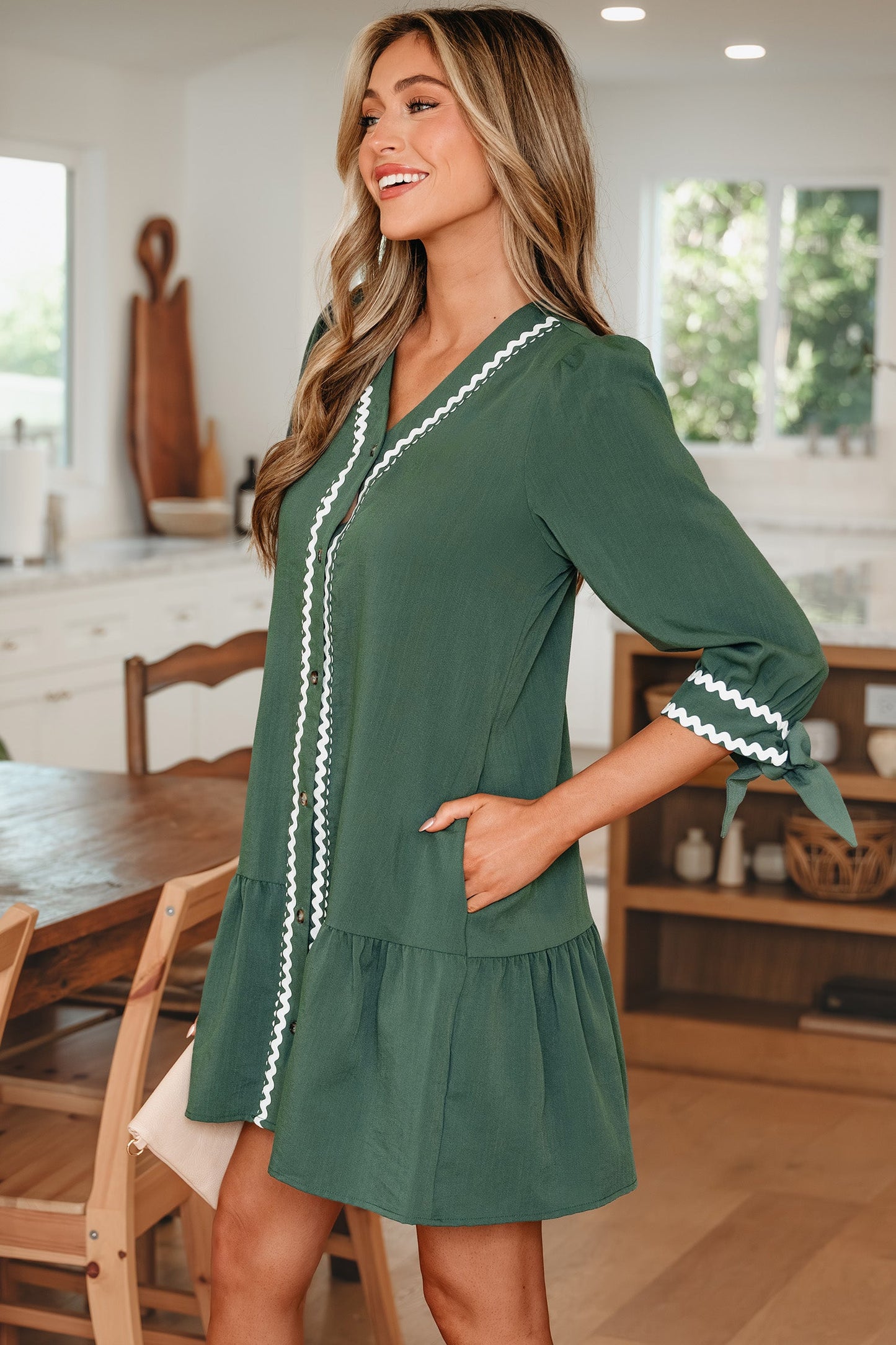 Xyla Bracelet Sleeve Shift Dress | Ricrac Trim | Green