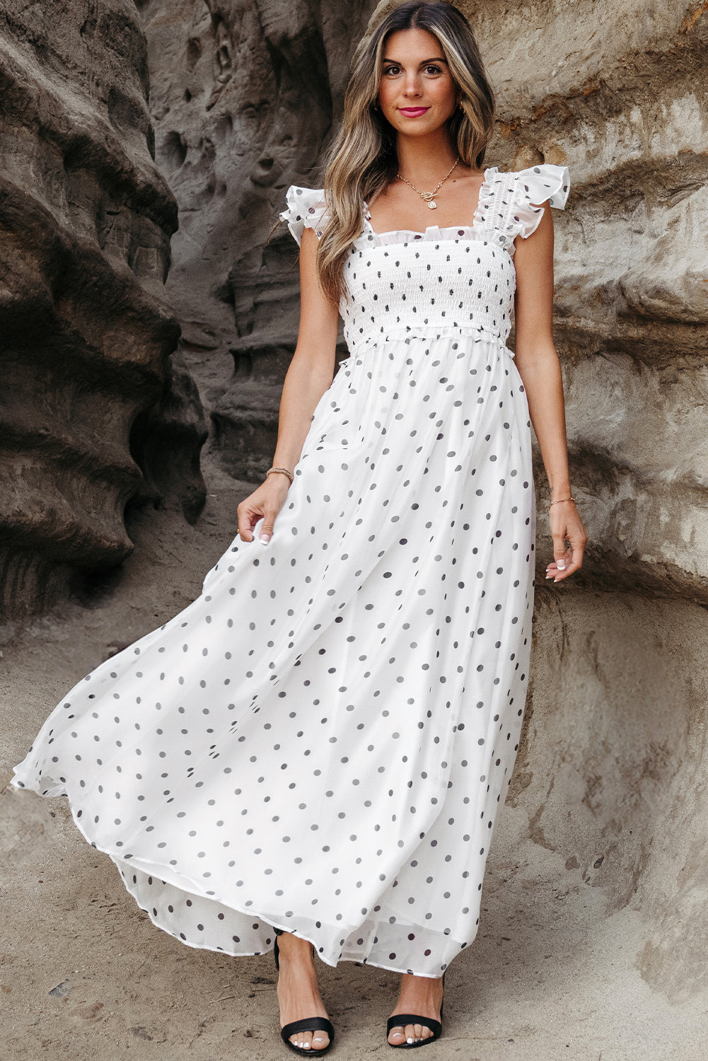 Polka Dot Flutter Sleeve Smocked Maxi Dress