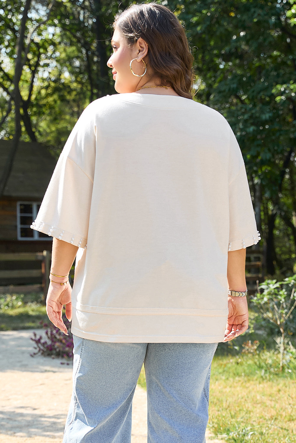 Amber Pearl-Trim Half Sleeve Plus Size Top | Beige