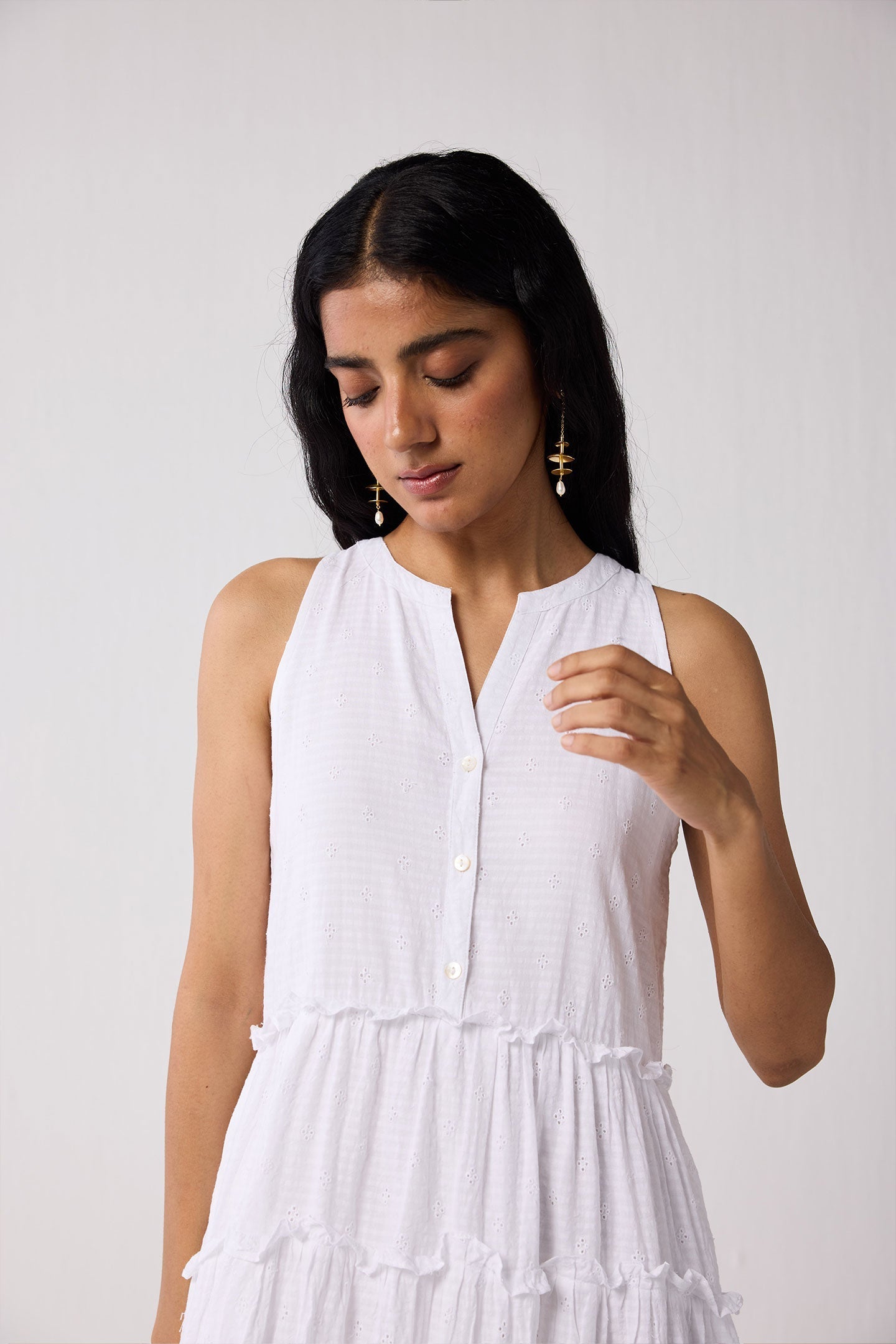 Embroidered Sleeveless Maxi Dress in White