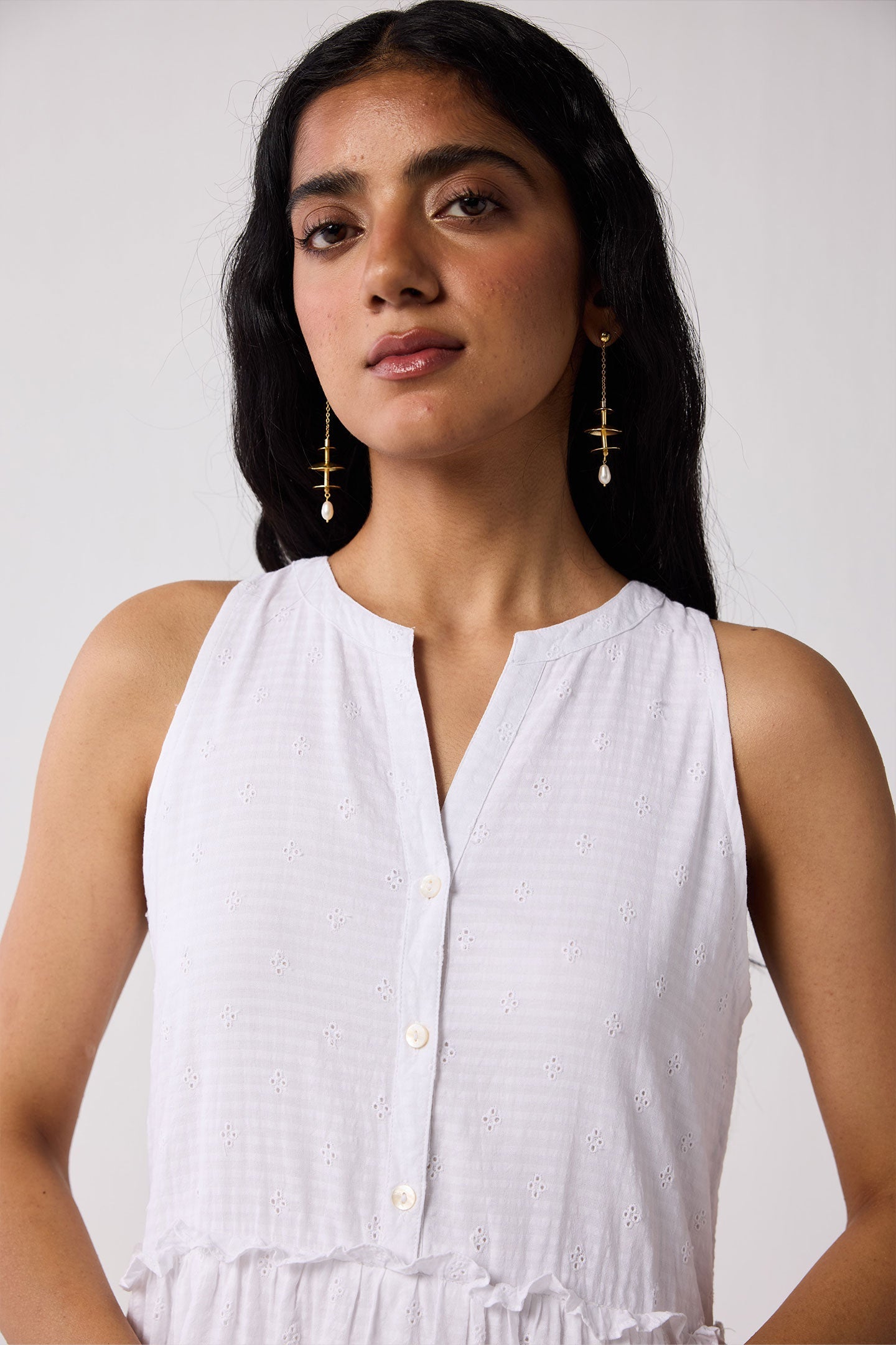 Embroidered Sleeveless Maxi Dress in White