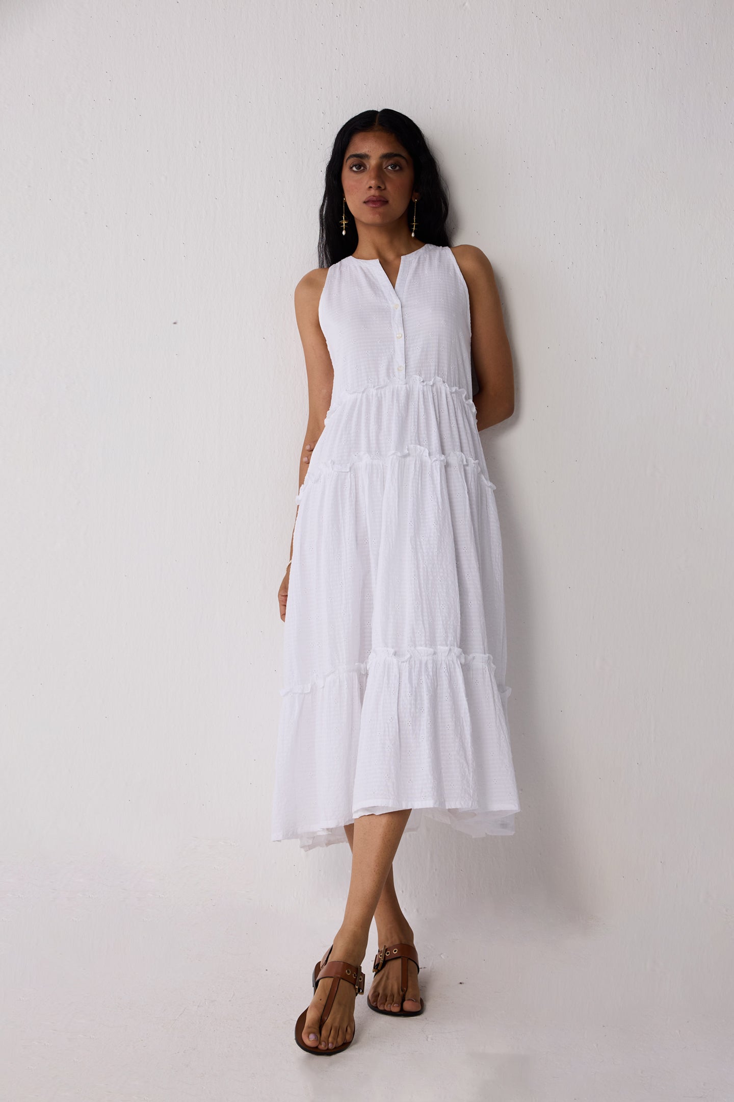 Embroidered Sleeveless Maxi Dress in White