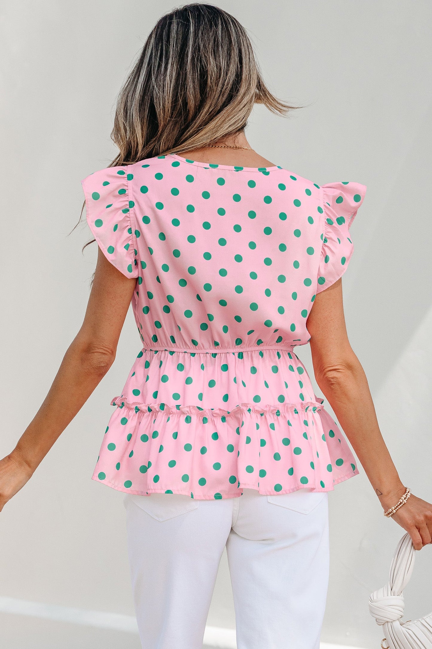 Polka Dot V-Neck Ruffle Tiered Babydoll Blouse