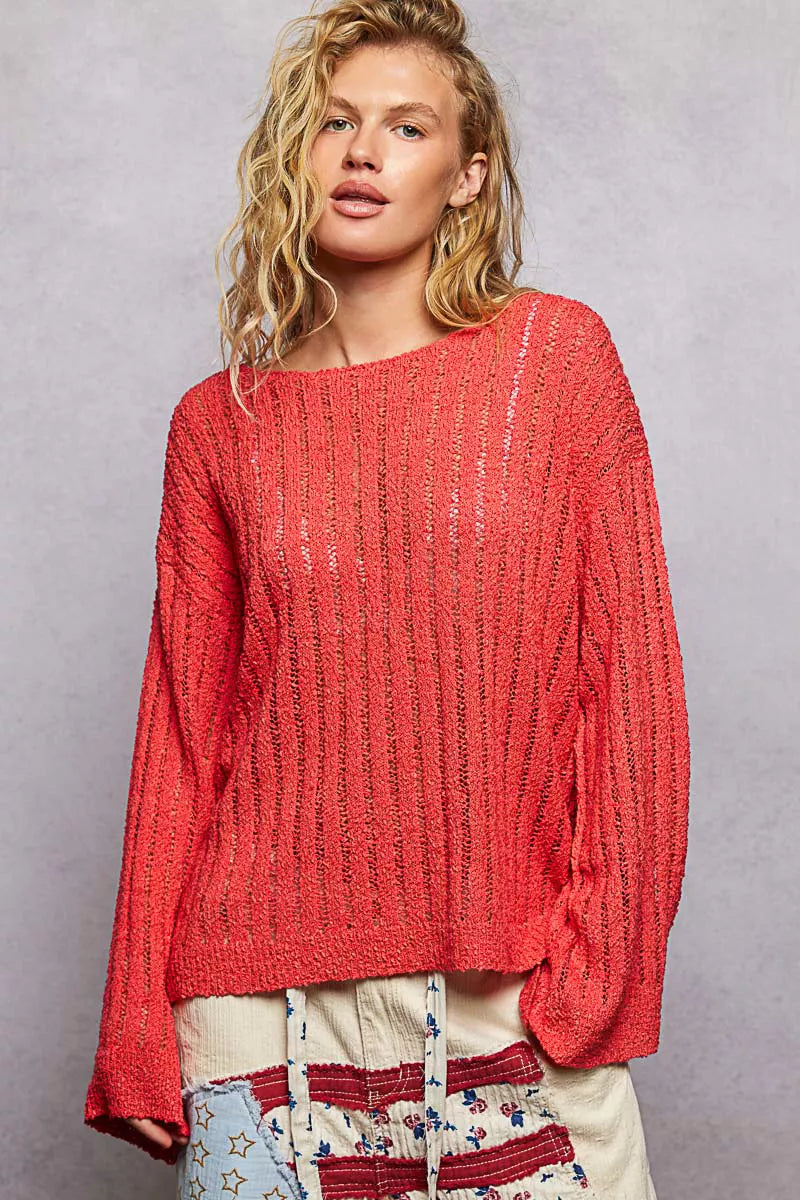 POL Open-Weave Long Sleeve Sweater in Apple Red