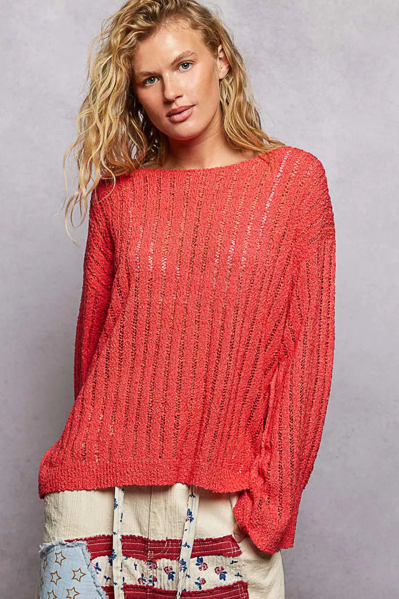 POL Open-Weave Long Sleeve Sweater in Apple Red