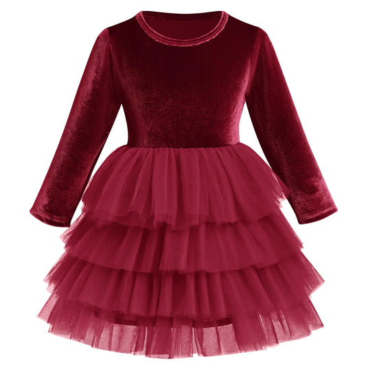 Toddler Girls Velvet Dress-Long Sleeve Christmas Dresses for Baby Girls-Burgundy Flower-Girl Tutu Tulle Dress Fall/Winter/Fancy Party