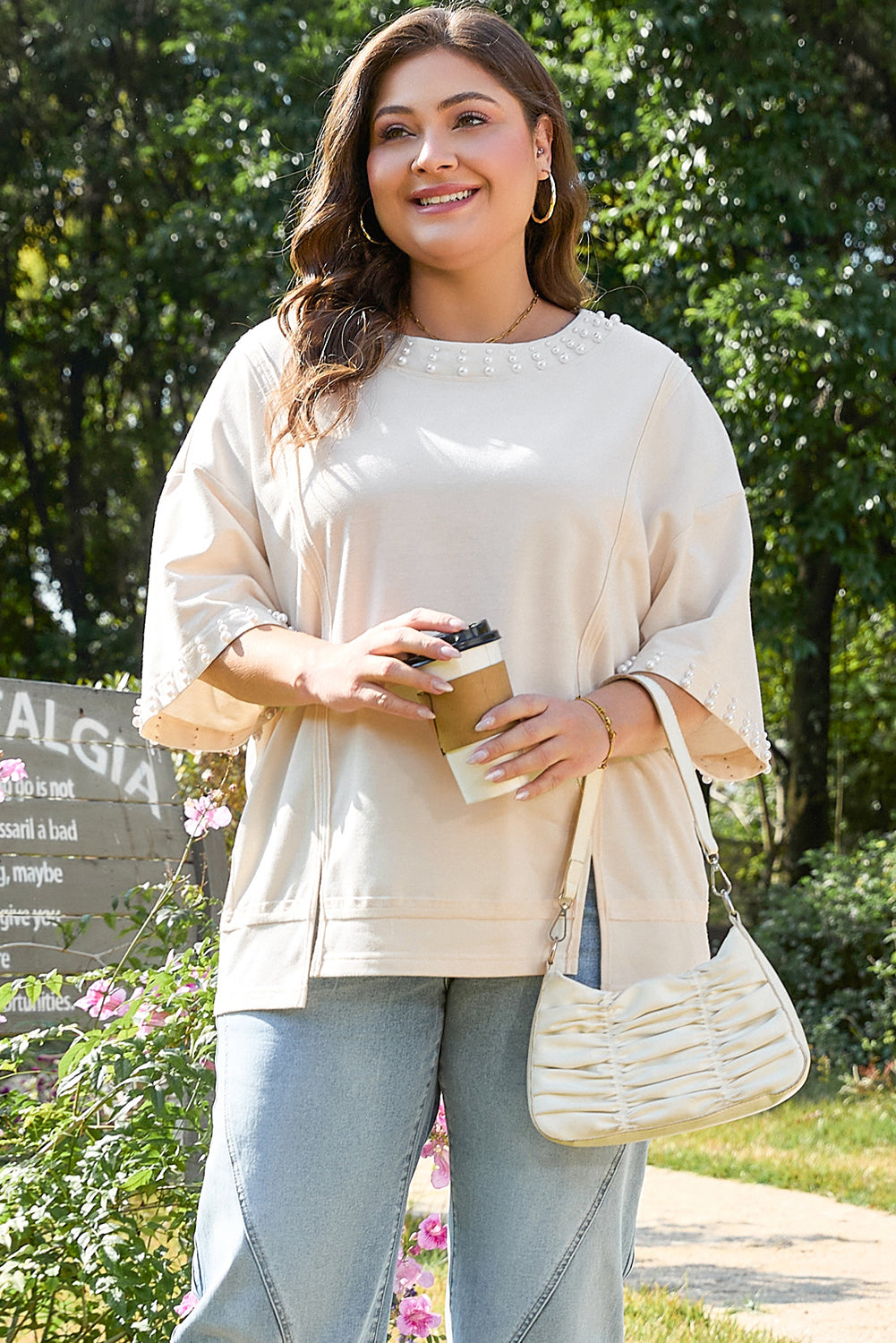 Amber Pearl-Trim Half Sleeve Plus Size Top | Beige