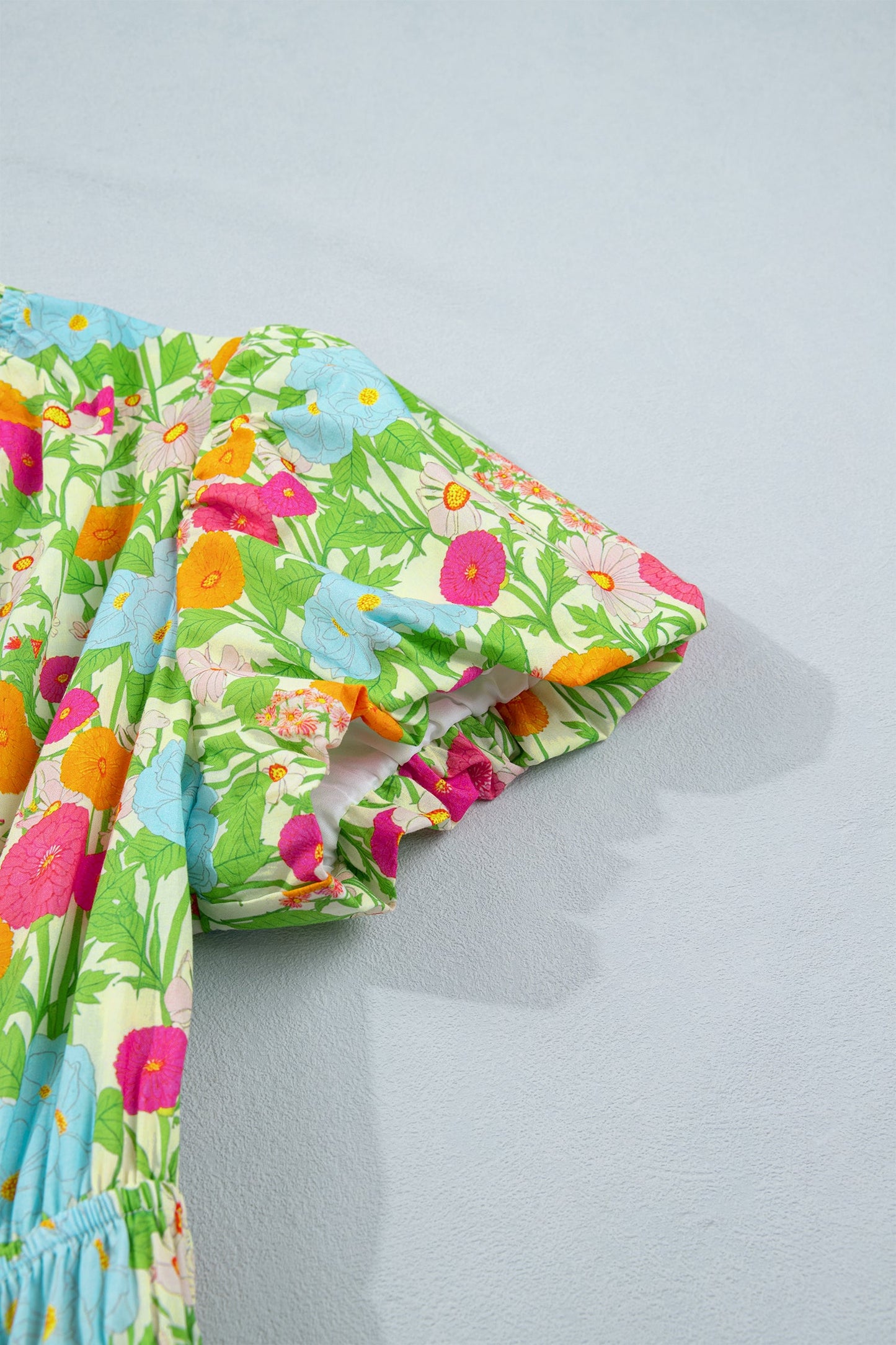 Floral V-Neck Short Puff Sleeve Maxi Dress