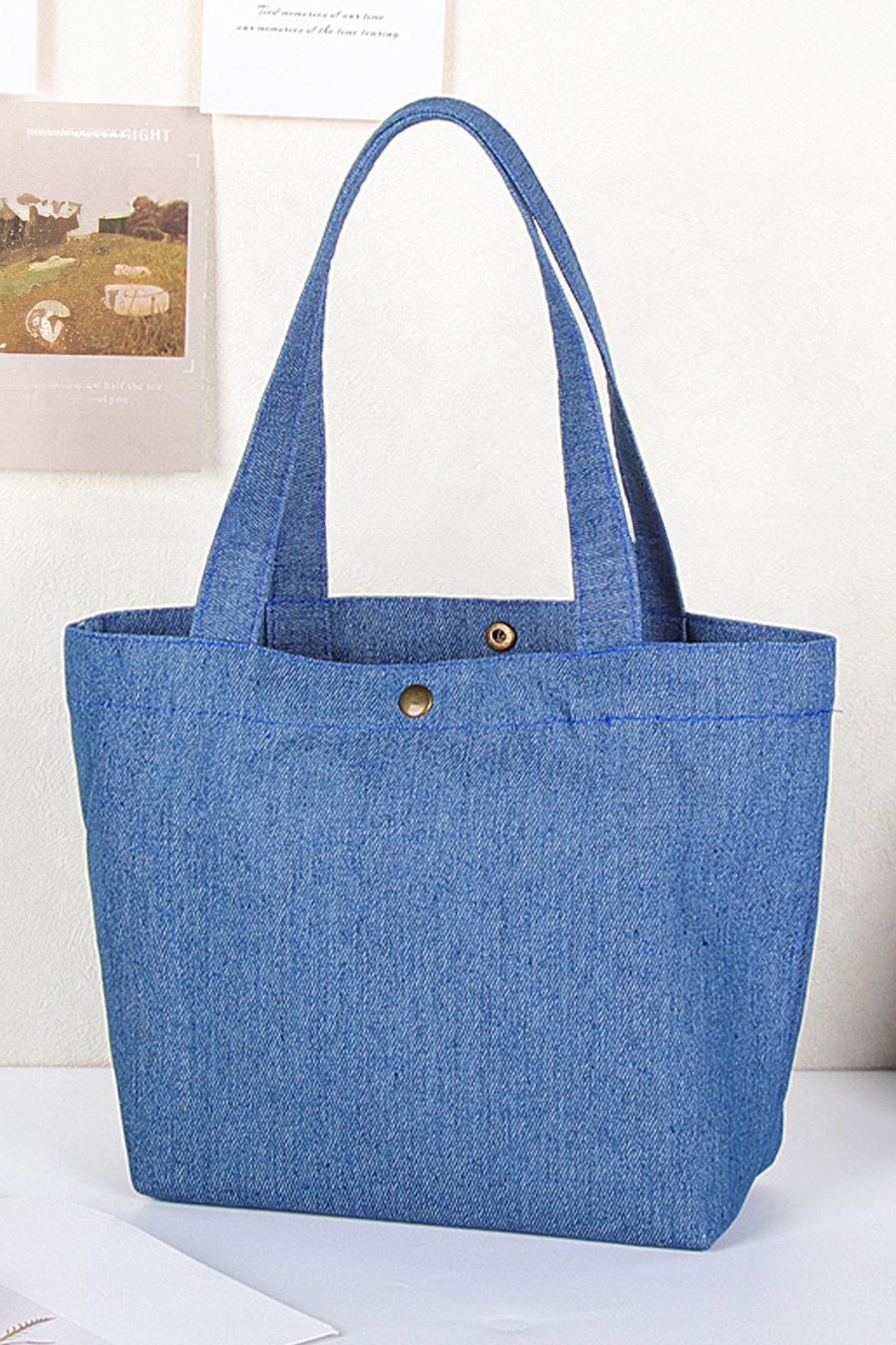 Navy Blue Vintage Denim Snap Button Tote Bag