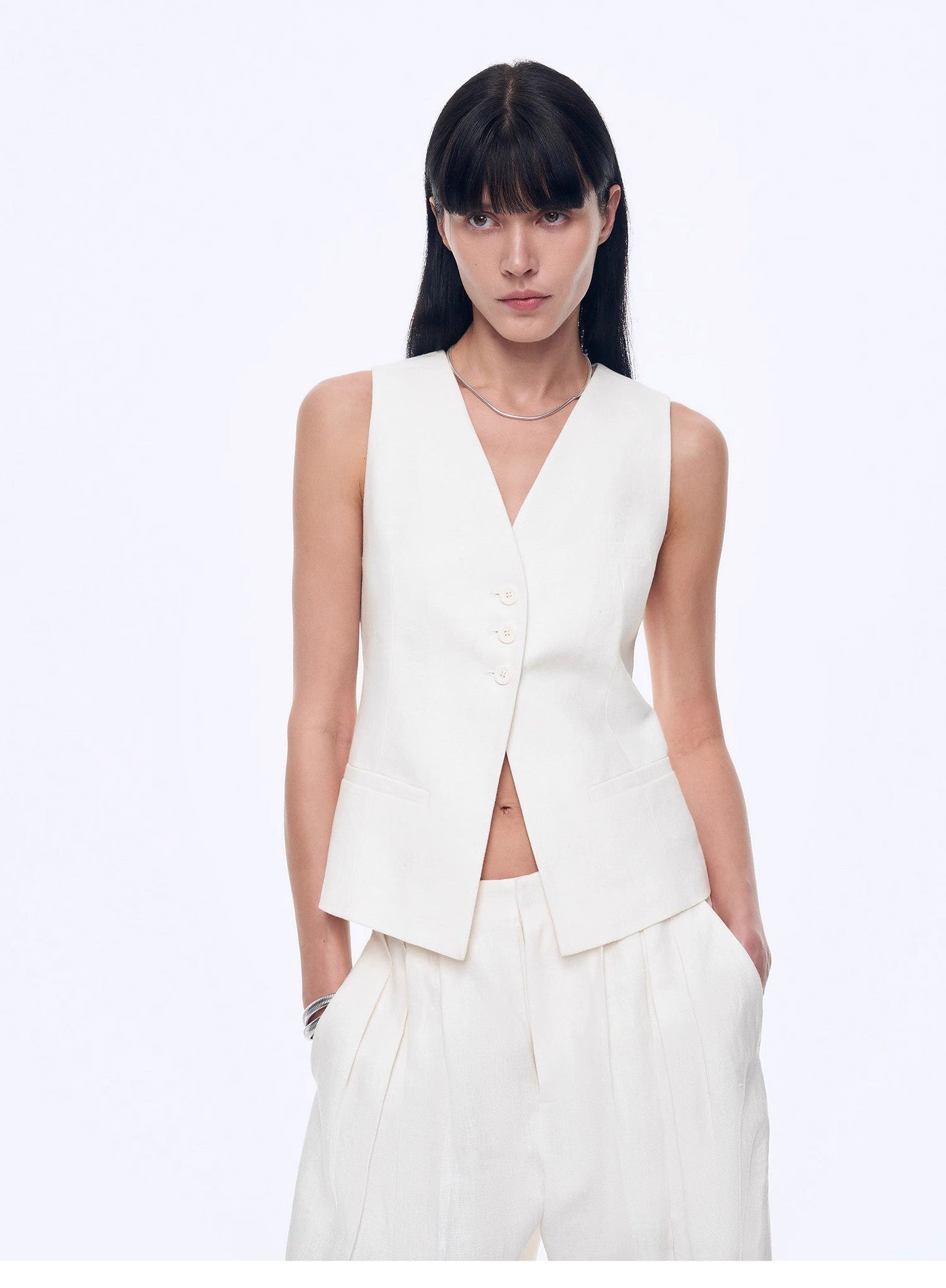 Fireladyfur Women's Linen Suit Set: Draped Vest & High-Waist Straight Trousers"Old Money Space"