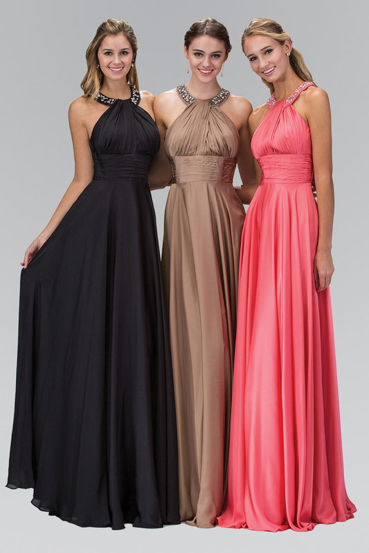 Beaded Halter Satin Gown