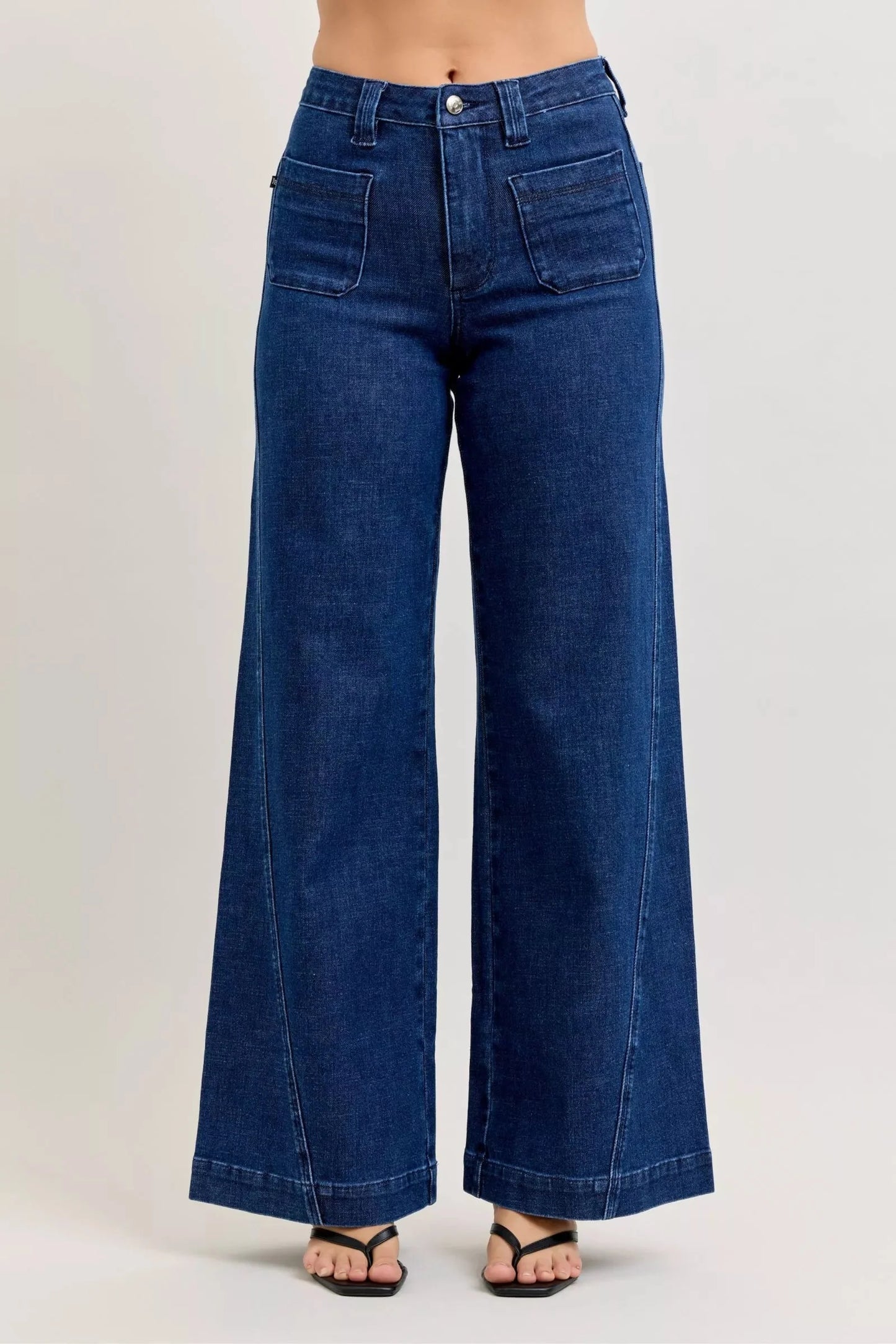 Judy Blue High-Waisted Retro Wide Leg Jeans with Patch Pockets & Twisted Seams
