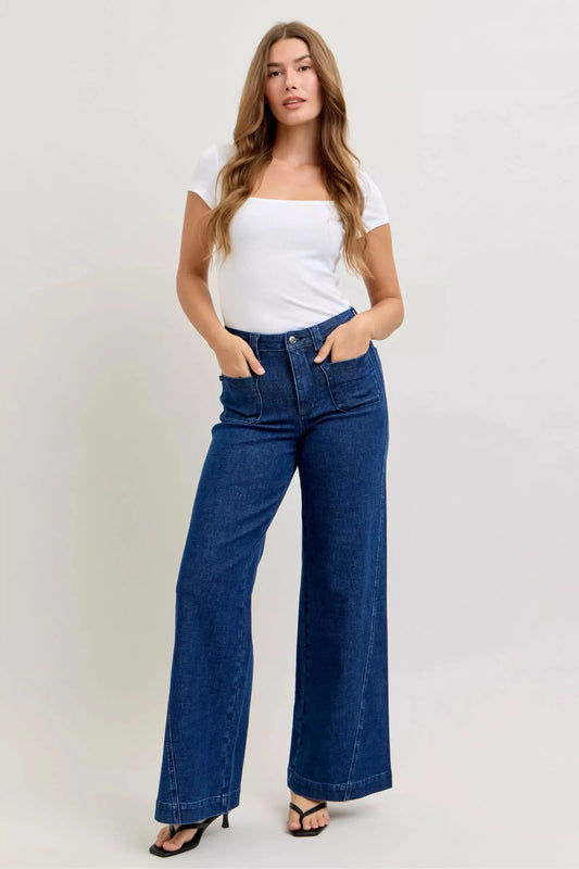 Judy Blue High-Waisted Retro Wide Leg Jeans with Patch Pockets & Twisted Seams