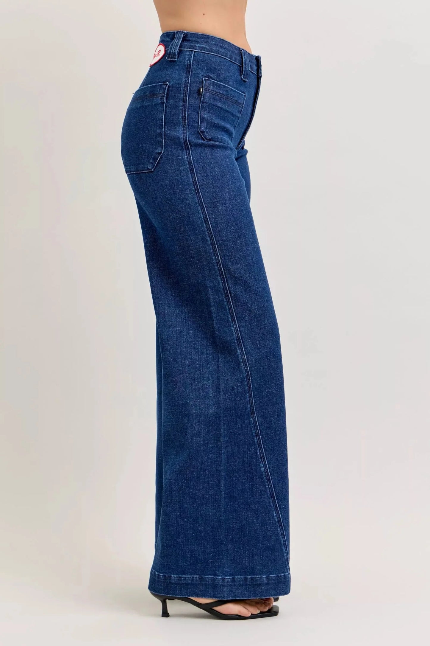 Judy Blue High-Waisted Retro Wide Leg Jeans with Patch Pockets & Twisted Seams