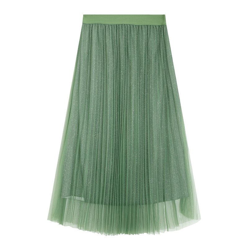 Contrast Mesh Pleated Midi Skirt