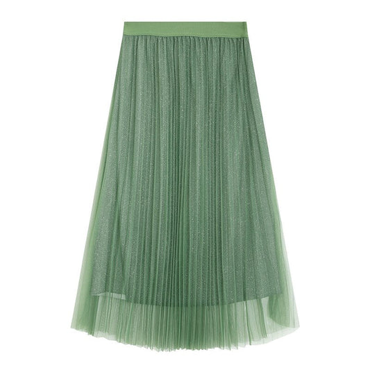 Contrast Mesh Pleated Midi Skirt