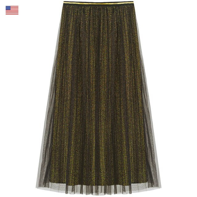 Contrast Mesh Pleated Midi Skirt