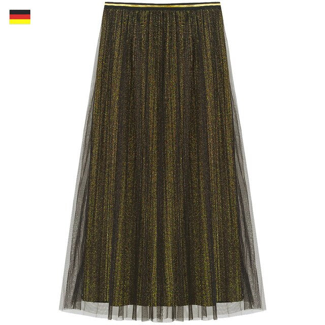 Contrast Mesh Pleated Midi Skirt