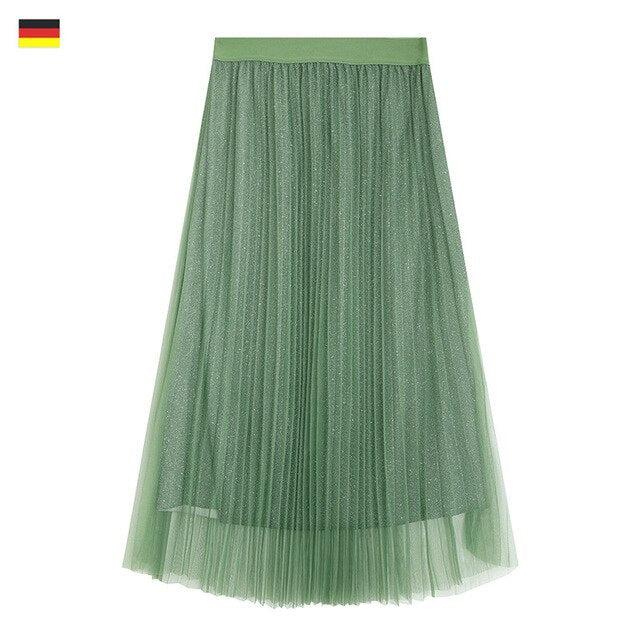 Contrast Mesh Pleated Midi Skirt