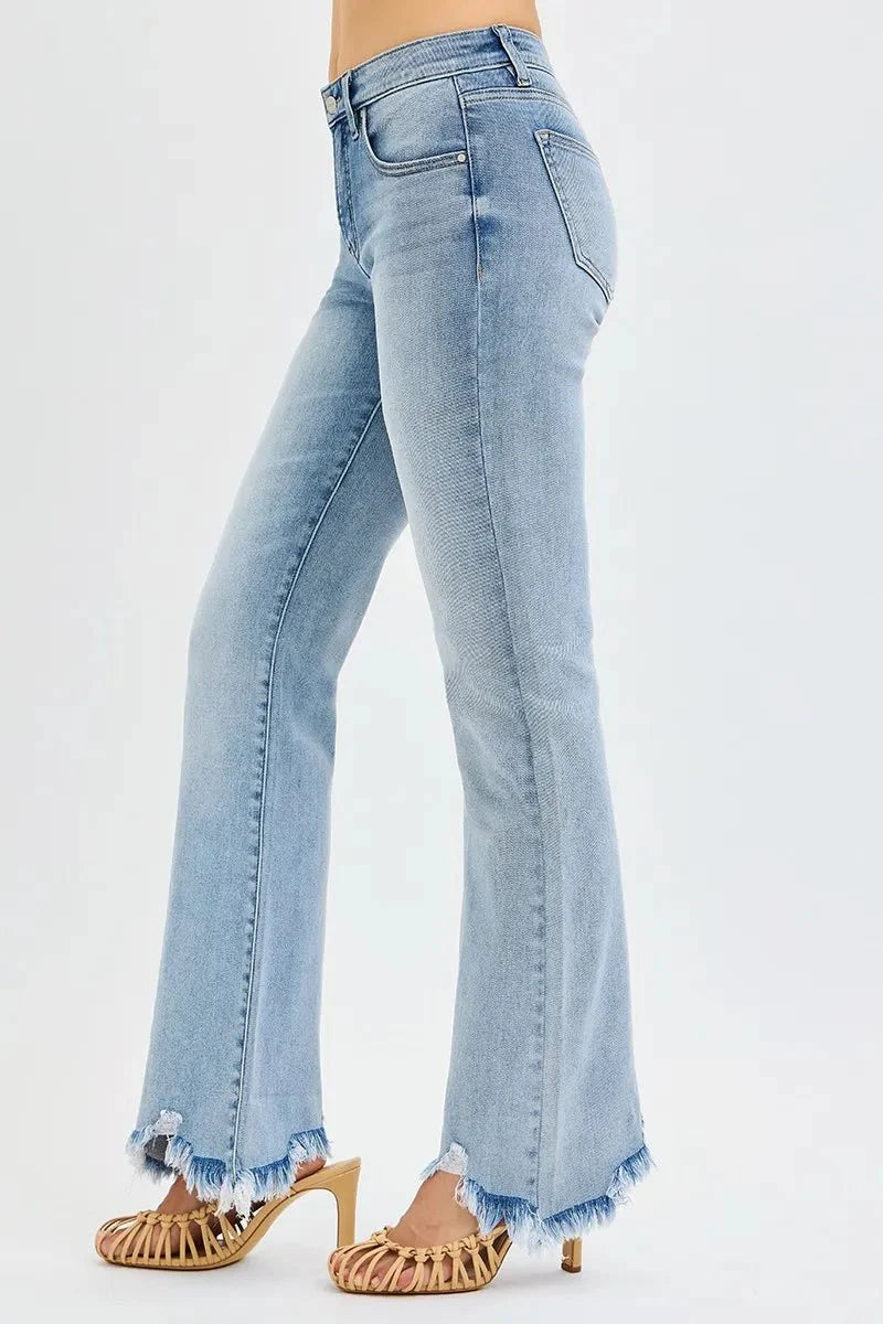 Risen Tummy Control Mid-Rise Flare Jeans with Fray Hem
