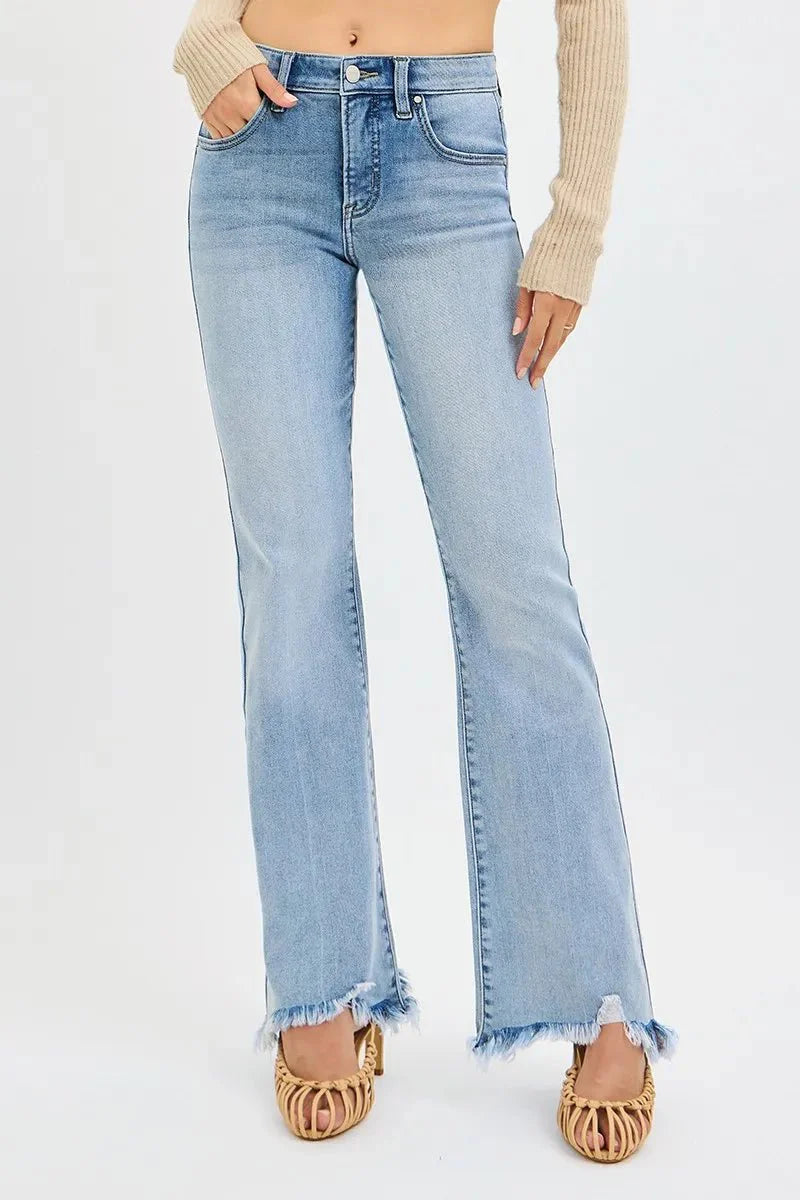 Risen Tummy Control Mid-Rise Flare Jeans with Fray Hem