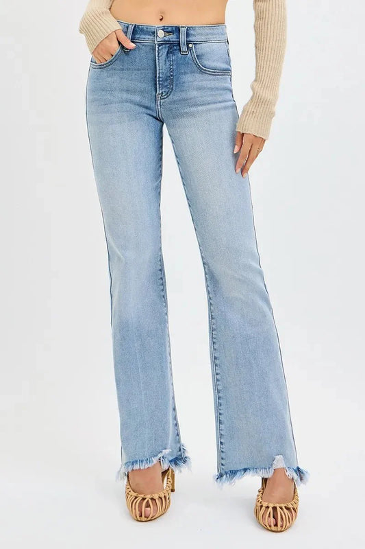 Risen Tummy Control Mid-Rise Flare Jeans with Fray Hem
