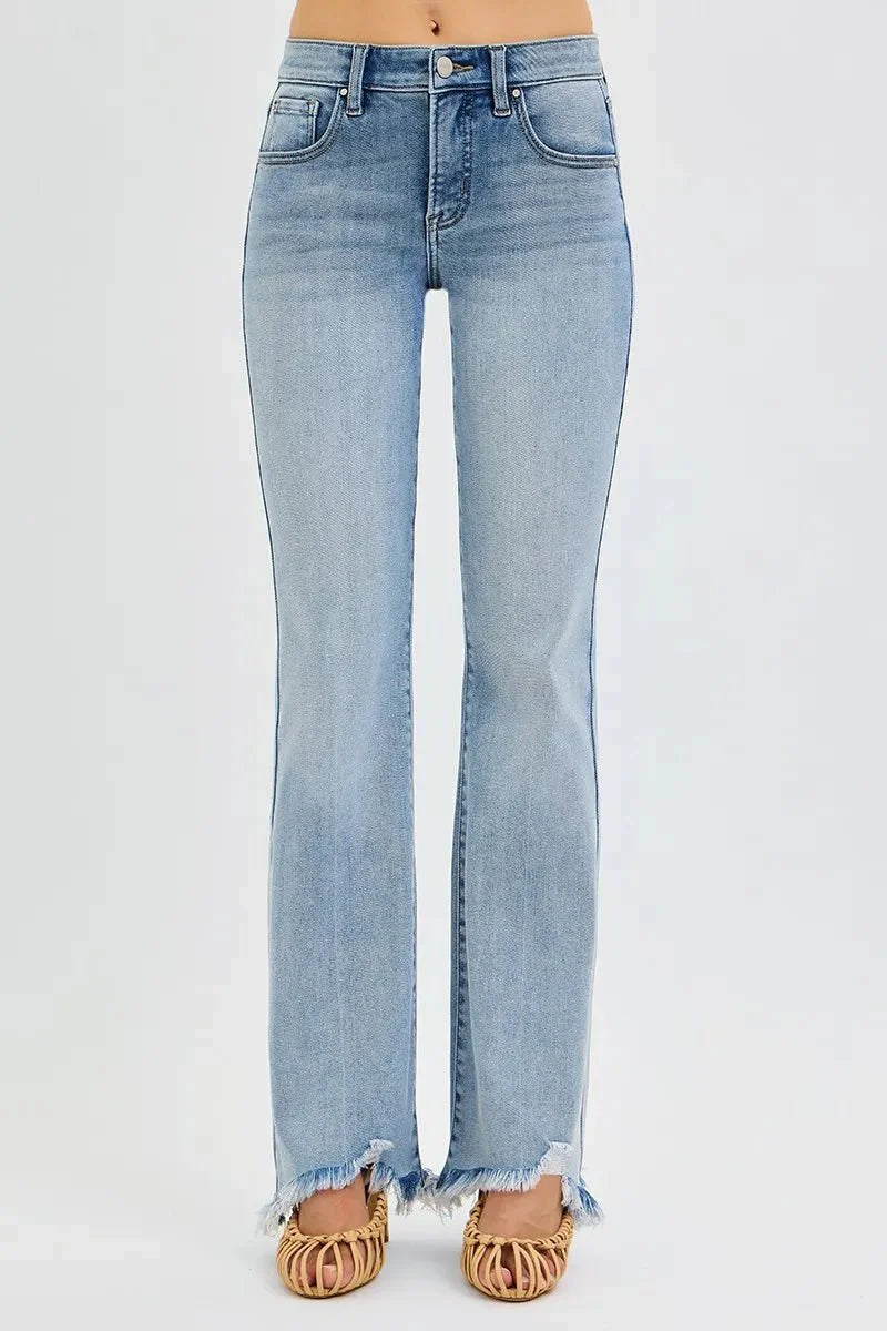 Risen Tummy Control Mid-Rise Flare Jeans with Fray Hem