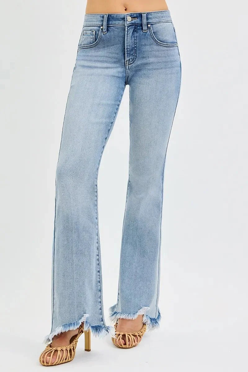 Risen Tummy Control Mid-Rise Flare Jeans with Fray Hem