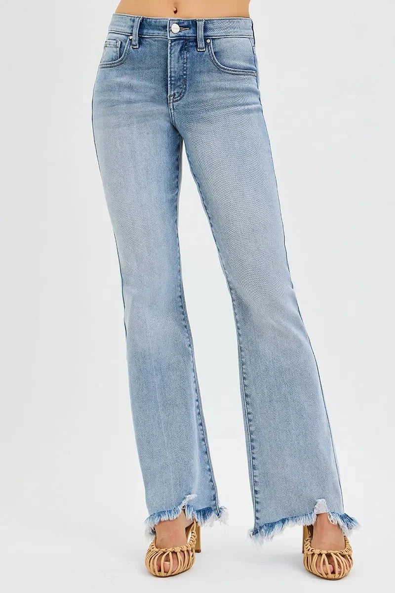 Risen Tummy Control Mid-Rise Flare Jeans with Fray Hem