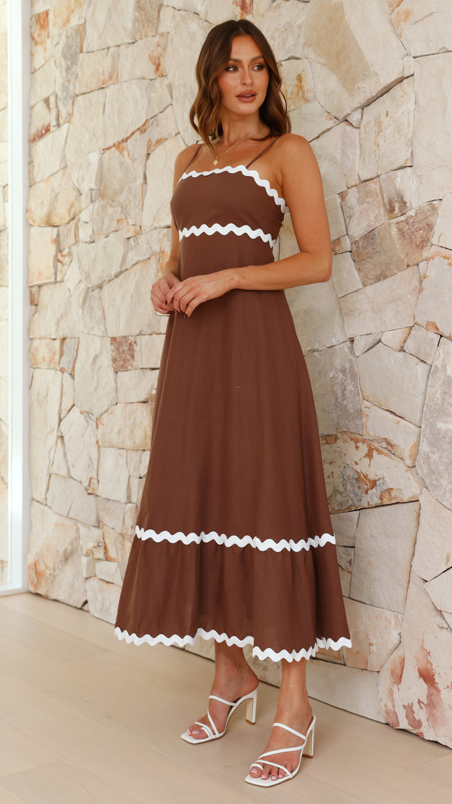 Camel Brown Linen Dress with Ric Rac Lace