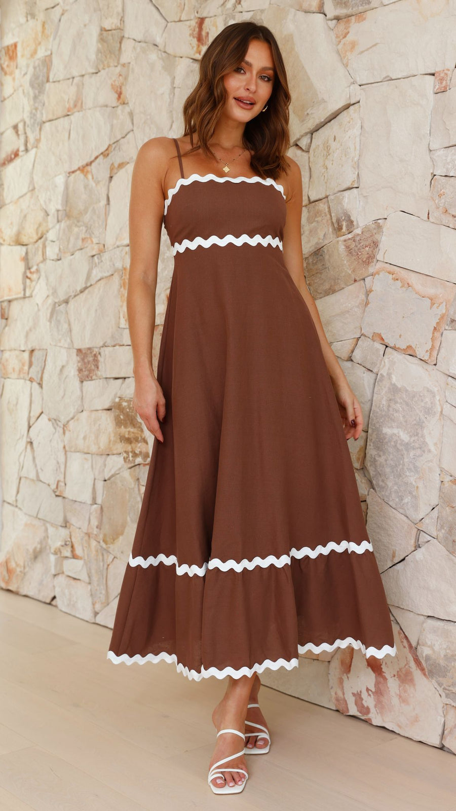 Camel Brown Linen Dress with Ric Rac Lace