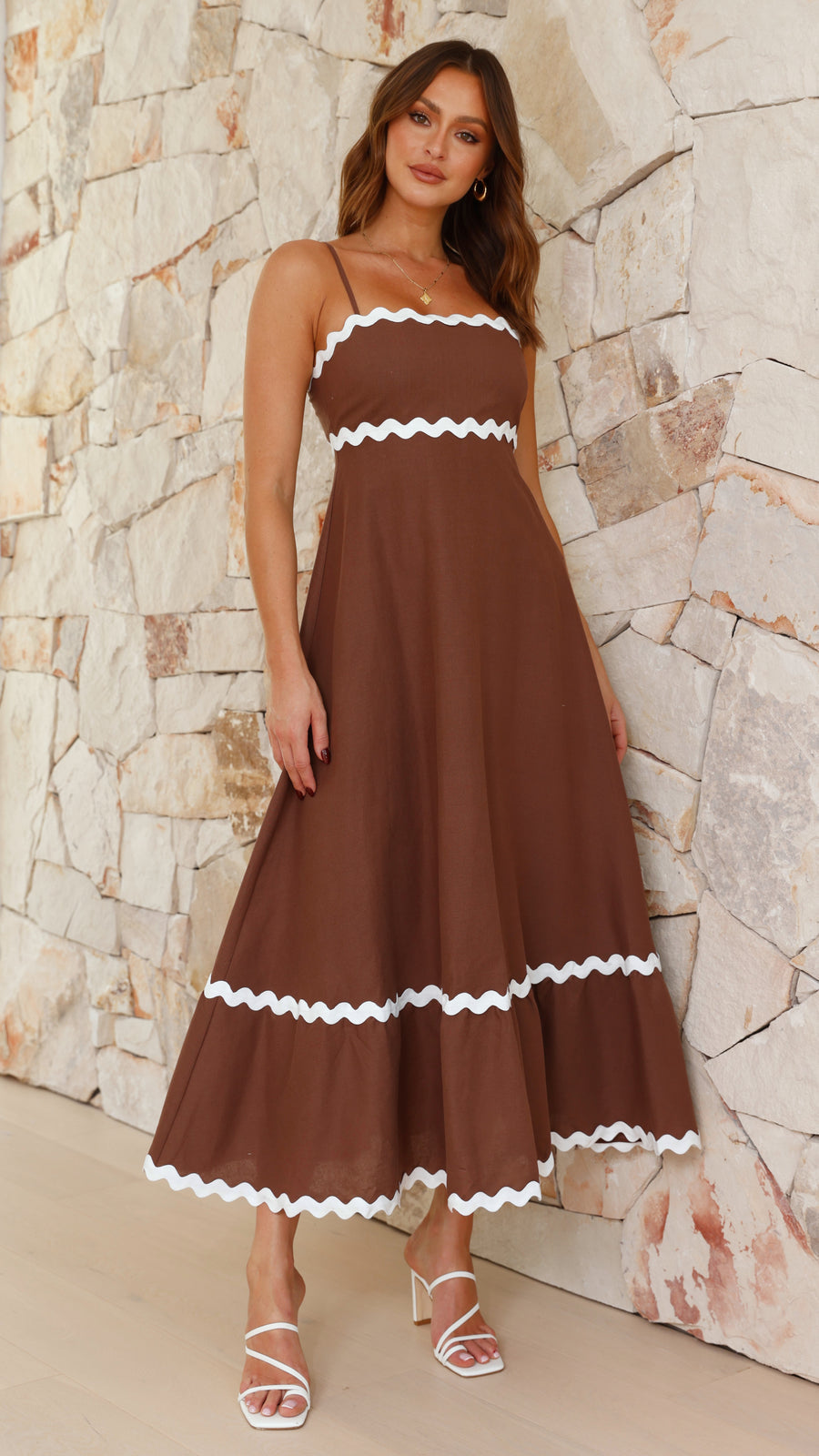 Camel Brown Linen Dress with Ric Rac Lace