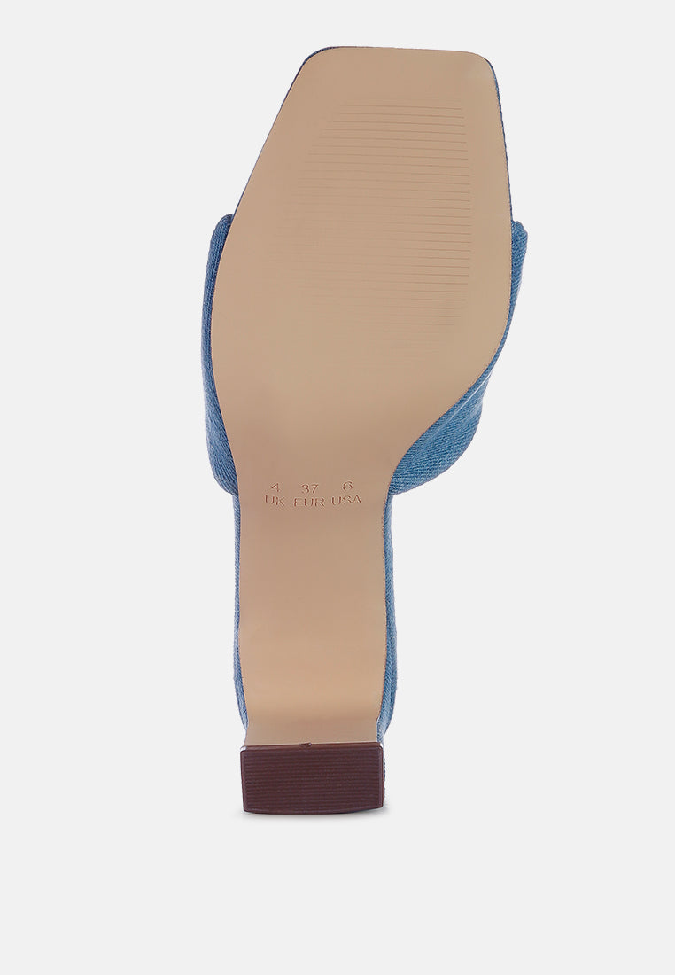 Twisted Denim Block Heel Sandals in Mid Blue – Soft Flirt