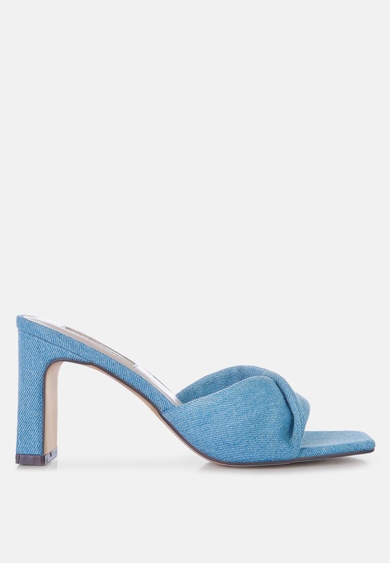 Twisted Denim Block Heel Sandals in Mid Blue – Soft Flirt