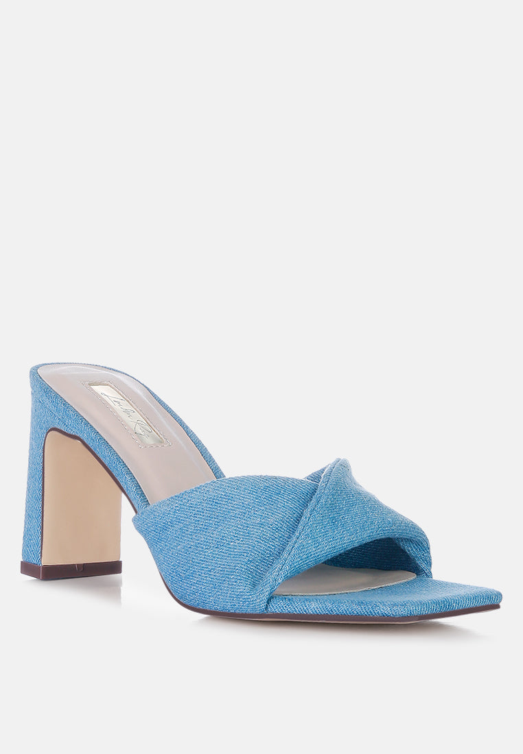 Twisted Denim Block Heel Sandals in Mid Blue – Soft Flirt