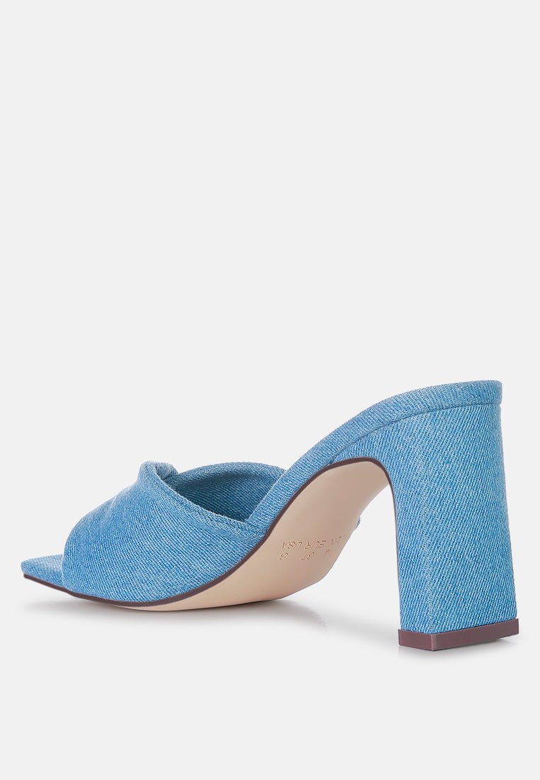Twisted Denim Block Heel Sandals in Mid Blue – Soft Flirt