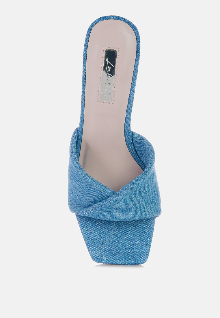 Twisted Denim Block Heel Sandals in Mid Blue – Soft Flirt